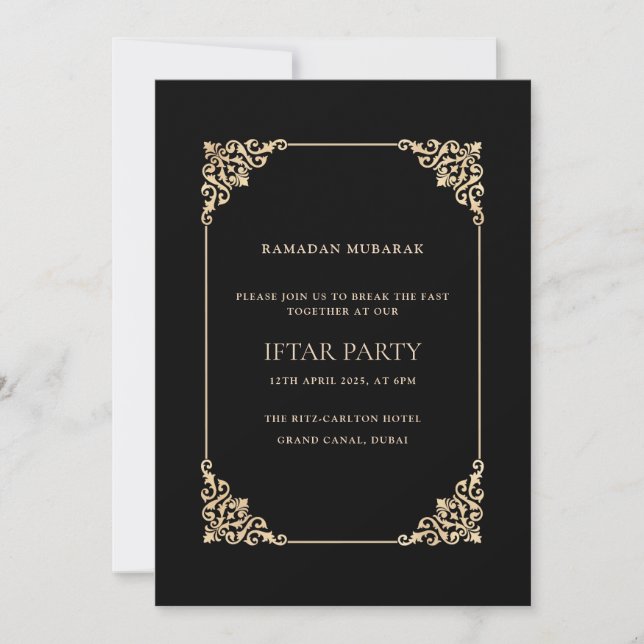 Convite Black Ornate Baroque Gold Script Iftar Party (Frente)