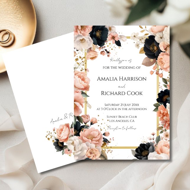 Convite Black Peach Gold Floral Customizable Wedding  (Criador carregado)