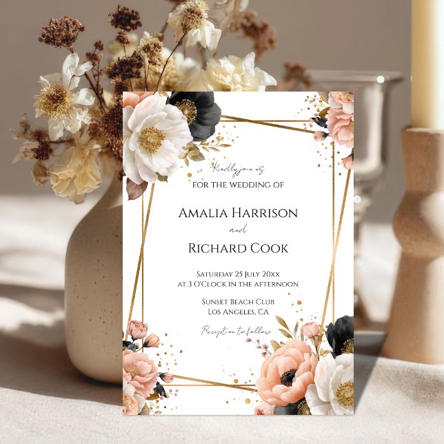 Convite Black Peach Gold Floral Customizable Wedding  (Criador carregado)