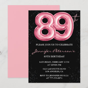 Convite Black Pink Balloon Glam 89º aniversário