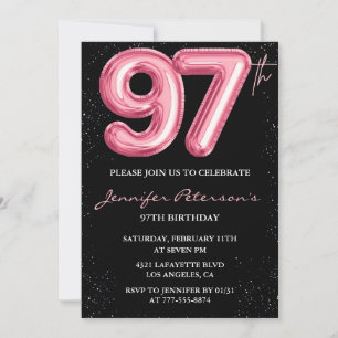 Convite Black Pink Balloon Glam 97º aniversário