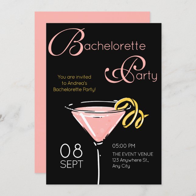 Convite Black pink fancy cocktail bachelorette (Frente/Verso)