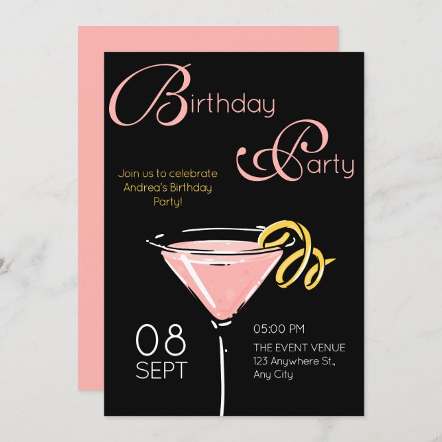 Convite Black pink fancy cocktail birthday (Frente/Verso)