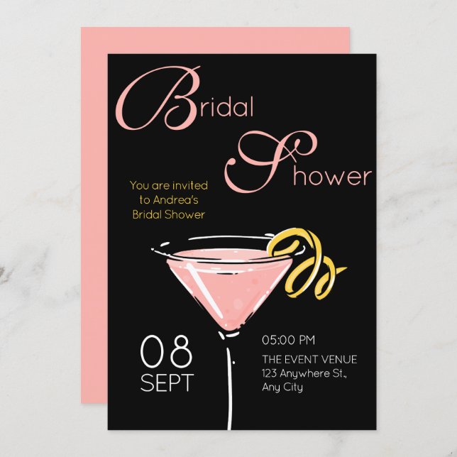 Convite Black pink fancy cocktail bridal shower (Frente/Verso)
