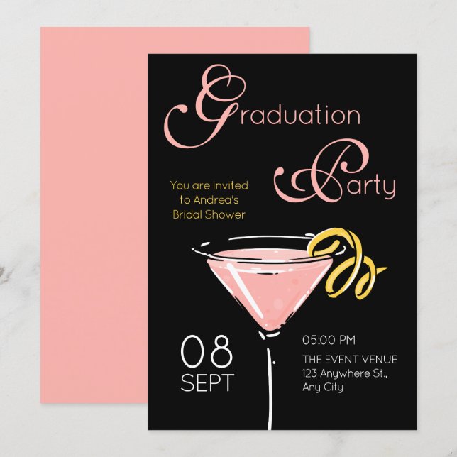 Convite Black pink fancy cocktail graduation (Frente/Verso)