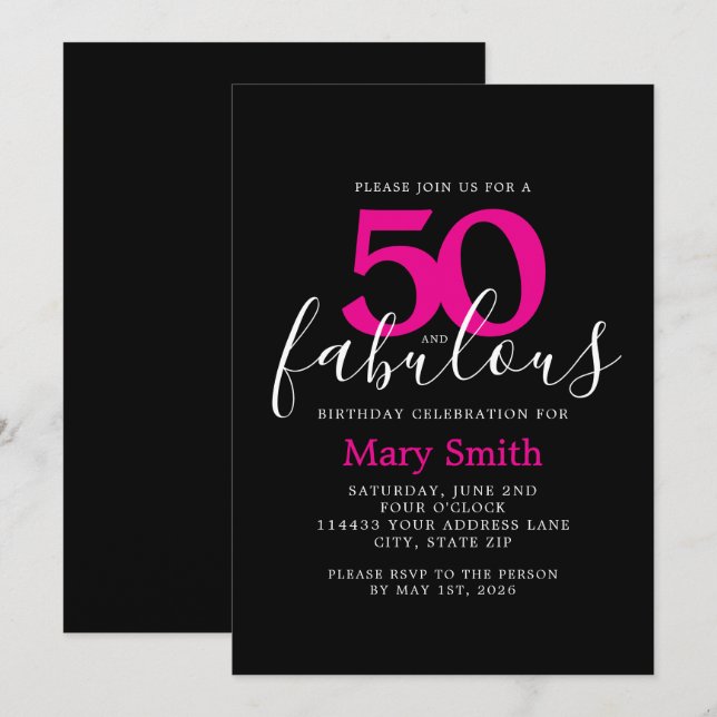 Convite Black Pink Fifty and Fabulous 50th Birthday Party (Frente/Verso)