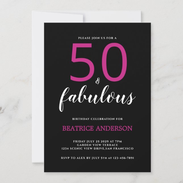Convite  Black Pink Fifty and Fabulous Fiftieth Birthday (Frente)