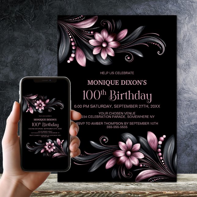 Convite Black Pink Floral 100th Birthday Party (Criador carregado)