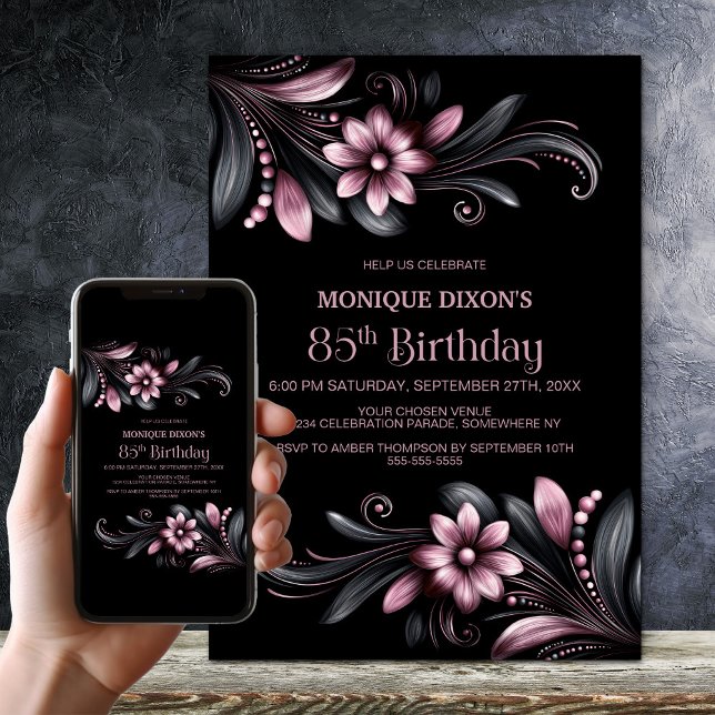 Convite Black Pink Floral 85th Birthday Party (Criador carregado)
