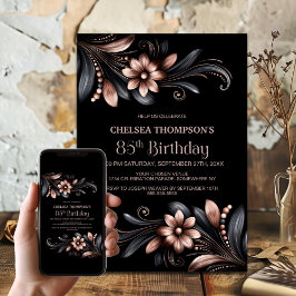 Convite Black Pink Floral 85th Birthday Party