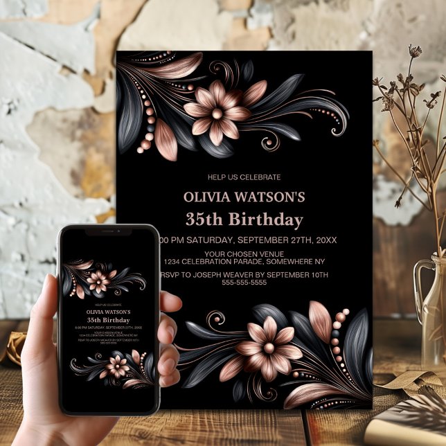 Convite Black Pink Floral Birthday Party (Criador carregado)