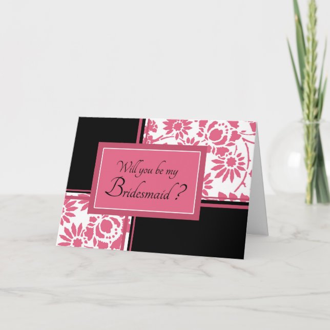 Convite Black & Pink Flower Bridesmaid Invitation Card (Frente)