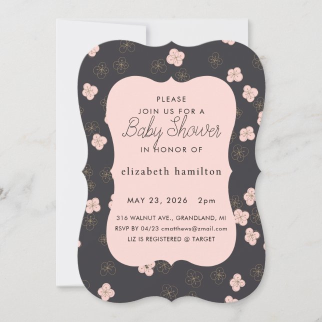 Convite Black & Pink Flowers Baby Shower Invitation (Frente)