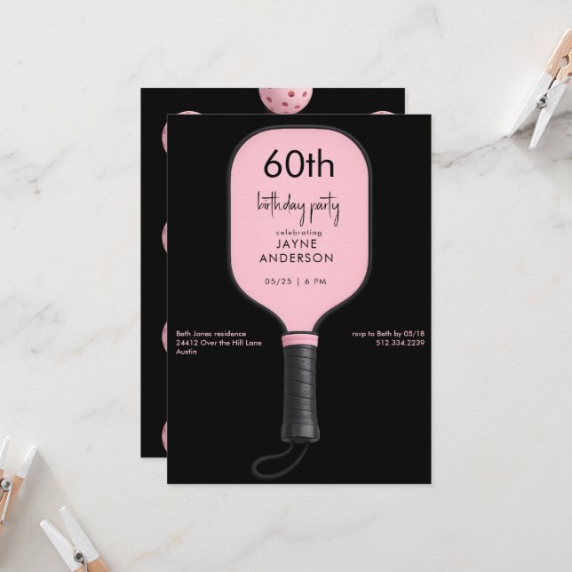 Convite Black & Pink Pickleball 60th Birthdday Party (Frente/Verso In Situ)