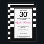 Convite Black, Pink, White strips, aniversário de 30 anos<br><div class="desc">Celebre sua aniversário de 30 anos de marco com este convite de banda branca e preta. O rosa pode ser comutado para uma cor diferente,  mas o rosa da tendência é bonito demais. Personalize cada campo com os detalhes da parte.</div>