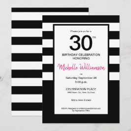 Convite Black, Pink, White strips, aniversário de 30 anos