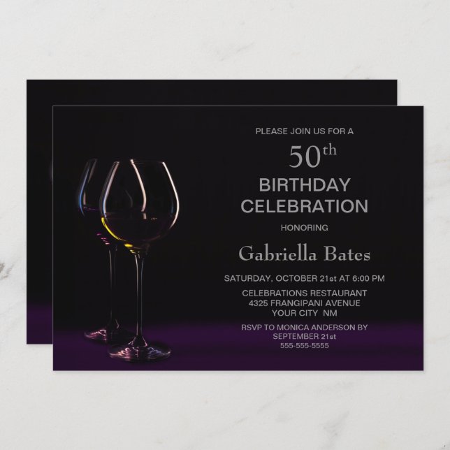 Convite Black Purple 50th Birthday Wine Glass Party (Frente/Verso)