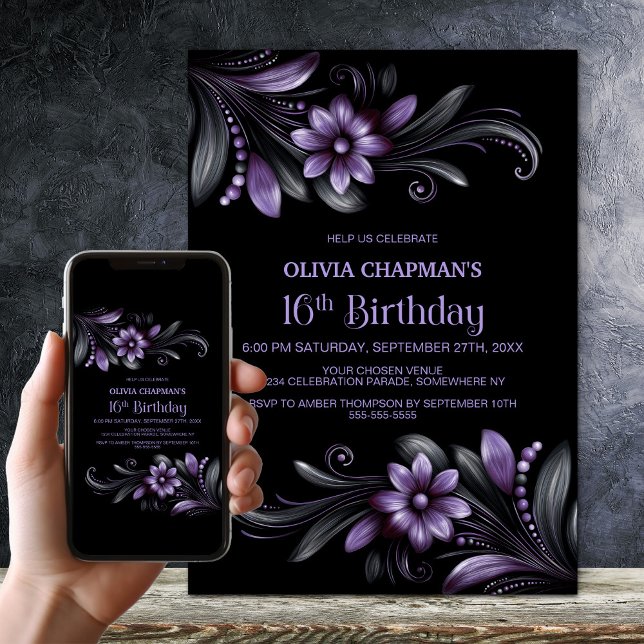 Convite Black Purple Floral 16th Birthday Party (Criador carregado)
