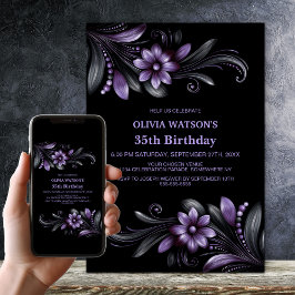 Convite Black Purple Floral Birthday Party