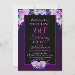 Convite Black Purple Floral Surprise 60º Janto de anivers