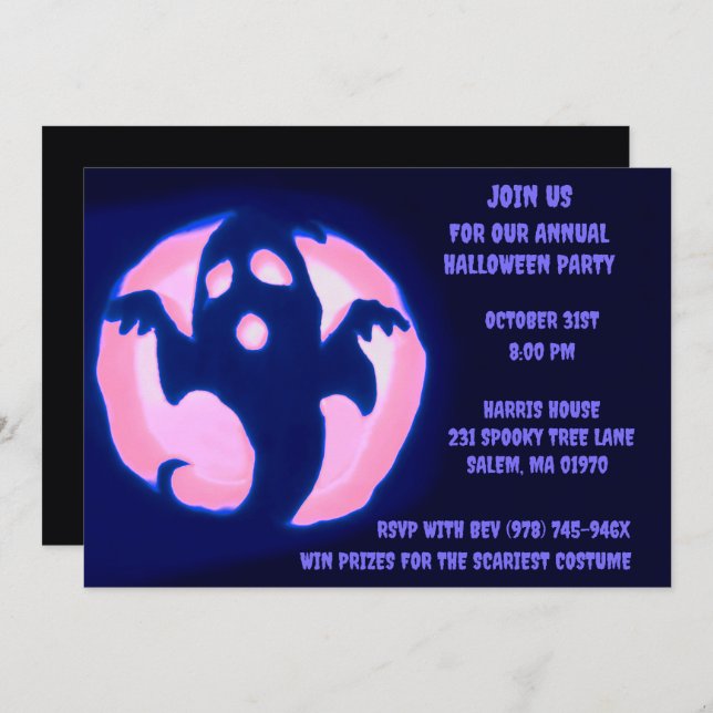 Convite Black Purple Ghost Spooky Festa Fantasma de Hallow (Frente/Verso)