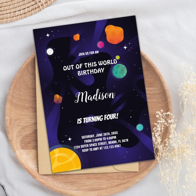 Convite Black Purple Outer Space Birthday Invitations (Black Purple Outer Space Birthday Invitations)