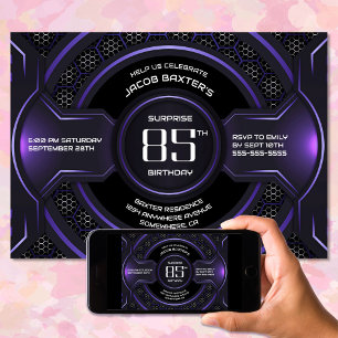 Convite Black Purple Surprise 85th Festa de aniversário