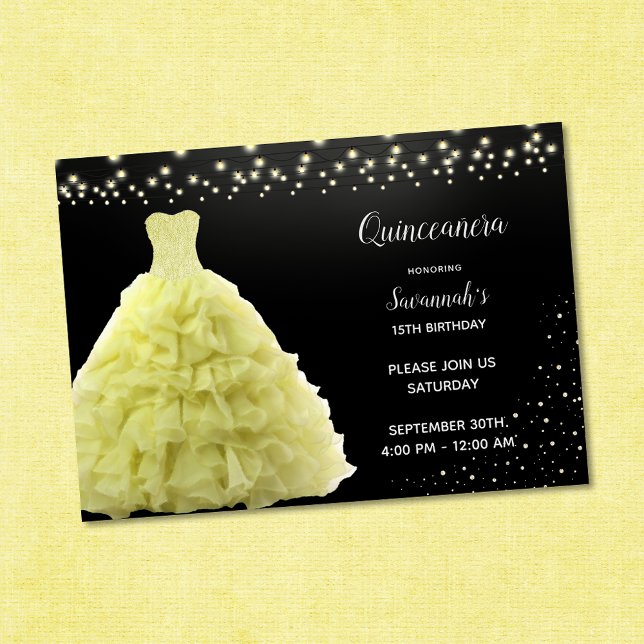 Convite Black Quinceanera Princess Yellow Gown Lights (Criador carregado)