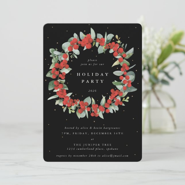 Convite Black Red Berries+Eucalyptus Wreath Holiday Party (Em pé/Frente)