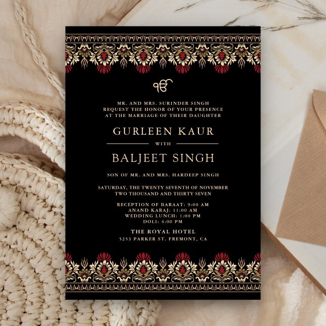 Convite Black Red Cream  Ikat Anand Karaj Casamento Sikh (Criador carregado)