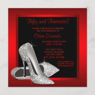 Convite Black Red Glitter High Heels Womans 50th Brithday