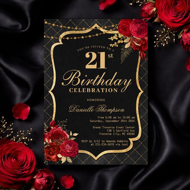 Convite Black, Red & Gold 21st Birthday Invitation (Black, Red & Gold 21st Birthday Invitation with Roses)