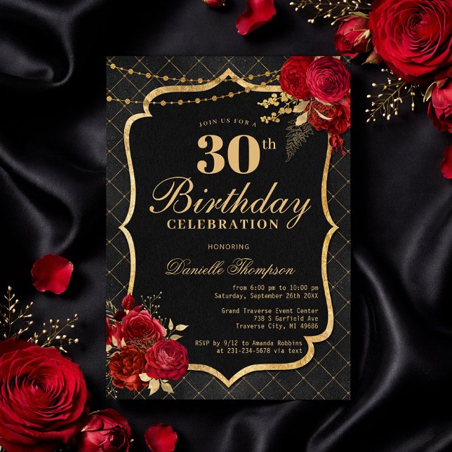 Convite Black, Red & Gold 30th Birthday Invitation (Black, Red & Gold 30th Birthday Invitation with Roses
)