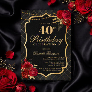 Convite Black, Red & Gold 40th Birthday Invitation