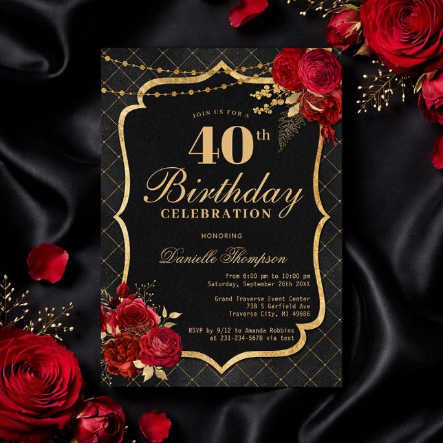Convite Black, Red & Gold 40th Birthday Invitation (Black, Red & Gold 40th Birthday Invitation with Roses
)