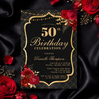 Convite Black, Red & Gold 50th Birthday Invitation
