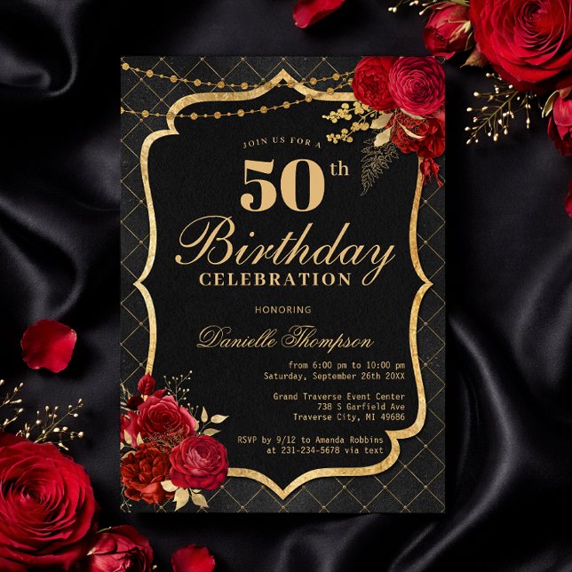 Convite Black, Red & Gold 50th Birthday Invitation (Black, Red & Gold 50th Birthday Invitation with Roses)