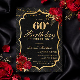 Convite Black, Red & Gold 60th Birthday Invitation