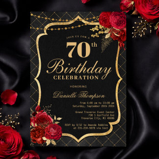Convite Black, Red & Gold 70th Birthday Invitation