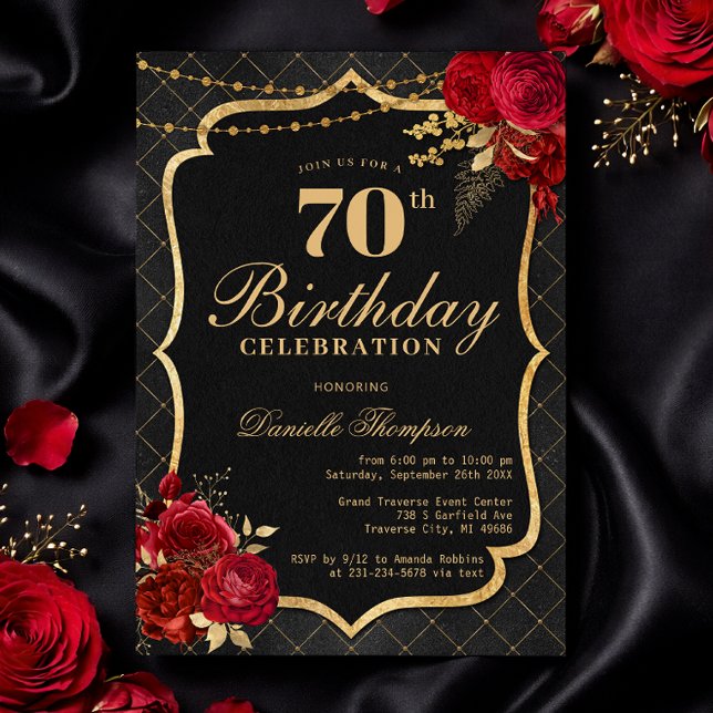 Convite Black, Red & Gold 70th Birthday Invitation (Black, Red & Gold 70th Birthday Invitation with Roses)