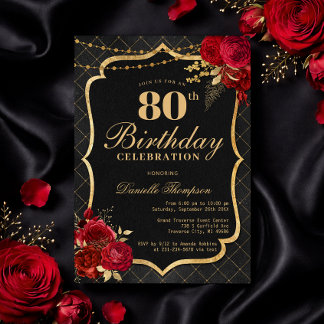 Convite Black, Red & Gold 80th Birthday Invitation