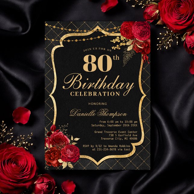 Convite Black, Red & Gold 80th Birthday Invitation (Black, Red & Gold 80th Birthday Invitation with Roses)