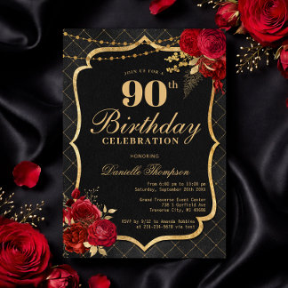 Convite Black, Red & Gold 90th Birthday Invitation