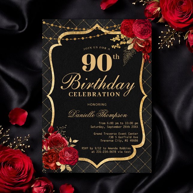 Convite Black, Red & Gold 90th Birthday Invitation (Black, Red & Gold 90th Birthday Invitation with Roses)