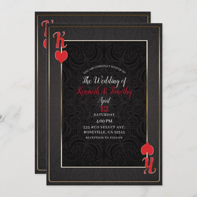 Convite Black & Red King of Hearts Card Elegant Wedding (Frente/Verso)