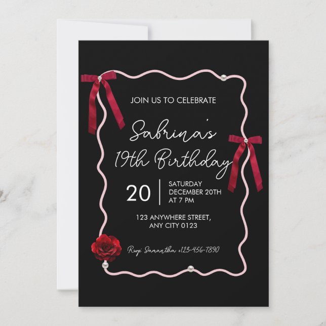 Convite Black Red Modern Coquette 19th Birthday Invitation (Frente)