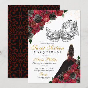 Convite Black Red Princess Tiara Mascarada Sweet 16
