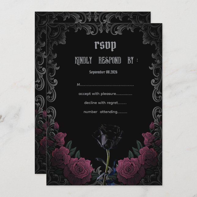 Convite  Black Red Roses Gothic  RSVP   (Frente/Verso)