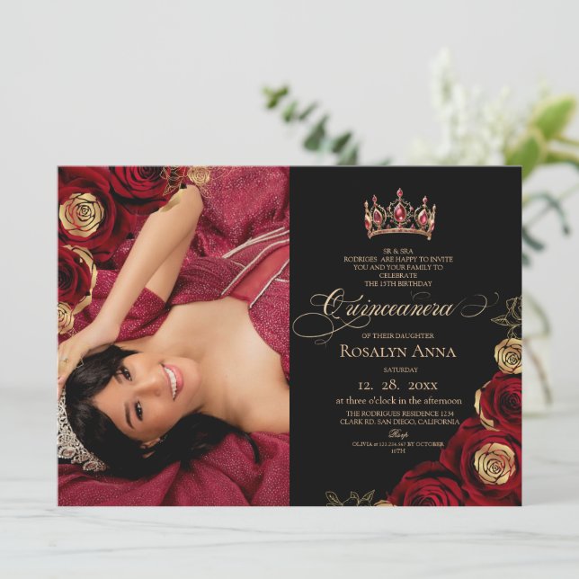 Convite Black Red Roses Princesa Quinceañera  (Em pé/Frente)