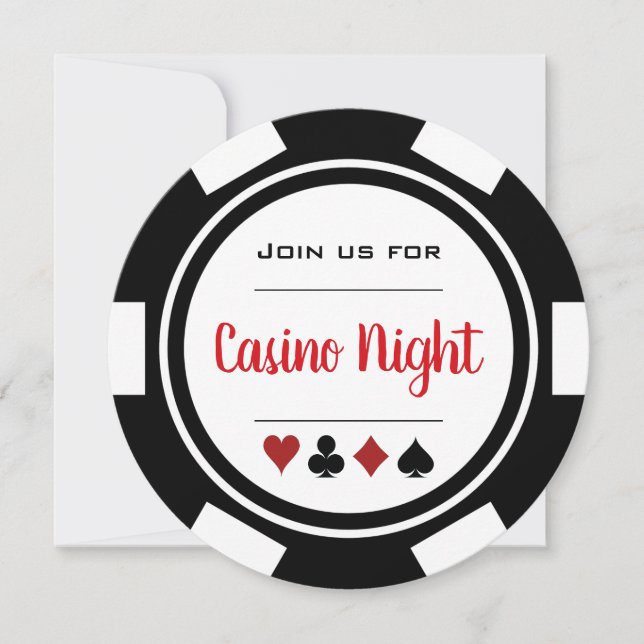 Convite Black Red White Poker Chip Casino Night (Frente)